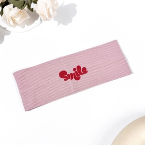 Pink Ribbed Knit Sports Headband For Women Smile Printed Elastic Yoga Fitness Sweatband Hair Accessories