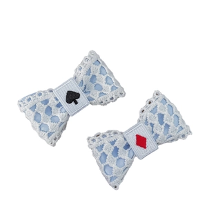 Set of blue Lolita style lace bow hair clips with embroidered playing card poker patterns