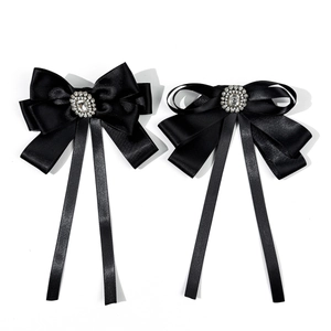 Elegant black satin bow tie pins with crystal center decoration for JK uniform