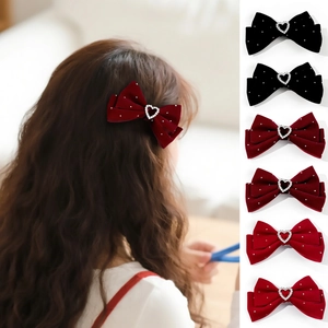 Velvet Bow Hair Clips With Heart Rhinestone Sweet Vintage Duckbill Clips For Women Girls Party Hair Accessories Hairpins