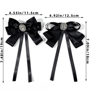 Elegant black satin JK bow tie with floral rhinestone center in two specific sizes