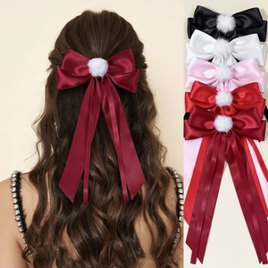 Sweet Satin Bow Hair Clip With White Plush Ball Long Ribbon Hairpin Elegant Women Hair Accessories For Party Daily Decor
