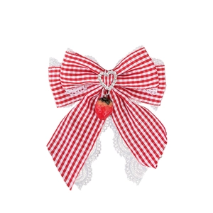 Sweet red plaid bow hair clip with lace trim, heart rhinestone and strawberry charm