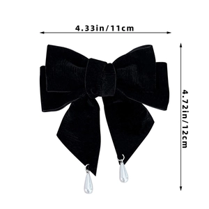 Detailed dimensions of a black velvet bow hair clip with faux pearl teardrop pendants
