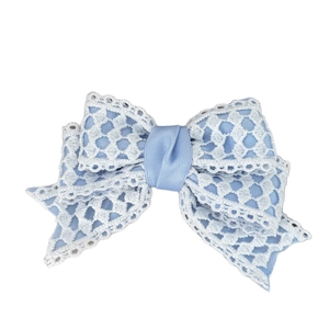 Sweet blue satin and white lace bow hair clip in Y2K style for girls, center view