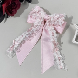 Pince à cheveux Lolita en satin rose avec dentelle blanche et longs rubans fluides