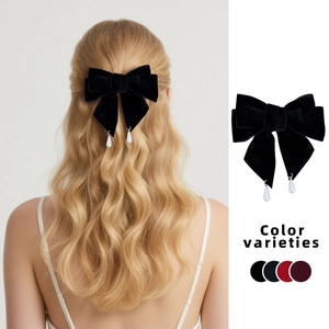 French vintage black velvet bow hair clip with teardrop pendants for elegant styling
