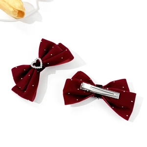 Velvet heart bow hair clips in wine red with rhinestones and pearl details