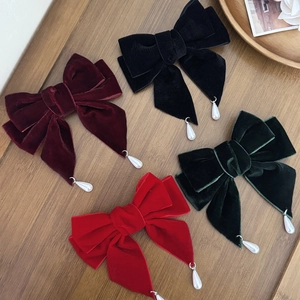 French Vintage Velvet Bowknot Hair Clip With Faux Artificial Pearl Pendant Sweet Elegant Duckbill Clip Hair Accessories For Women