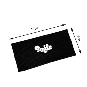 Elastic black sports headband with white Smile print for running and fitness, size 19x9cm