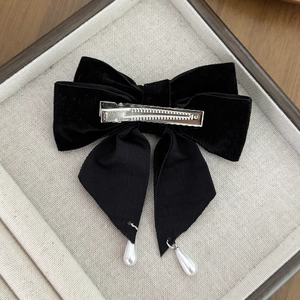French vintage black velvet bow hair clip with white pearl pendants and silver metal duckbill clip