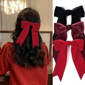 Vintage Velvet Bowknot Hair Clip With Long Streamers For Women Elegant Large Bow Duckbill Clip Hair Accessories Party Daily