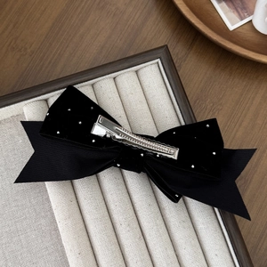 French vintage black velvet bow hair clip with sparkling rhinestones and metal clip