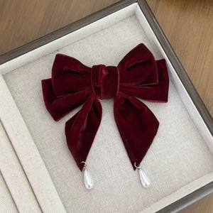 French vintage wine red velvet bow hair clip with elegant hanging white teardrop pearls