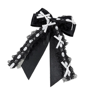 Pince à cheveux Lolita avec nœud noir et blanc, dentelle et ruban de satin élégant