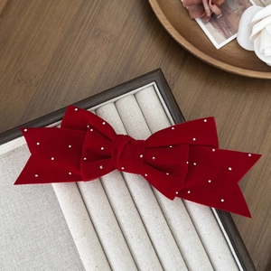 French vintage red velvet bow hair clip with sparkling rhinestones for women