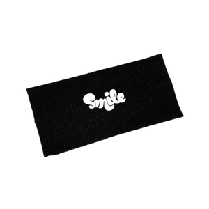 Elastic black knitted sports headband with white Smile embroidery for running