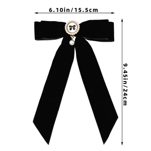 Detail of French velvet bow hair clip with pearl pendant showing dimensions of 15.5cm x 24cm