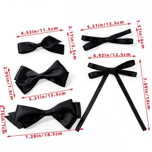 5-piece set of black satin bow hair clips in various sizes with detailed dimensions