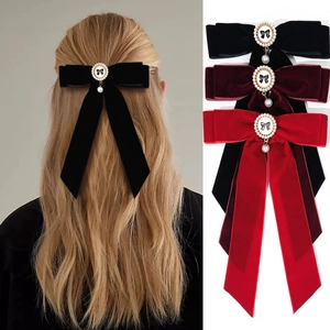 French Vintage Velvet Bow Hair Clip Elegant Artificial Pearl Pendant Long Streamer Barrette For Women Wedding Party Hair Accessory