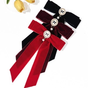 French retro velvet bow hair clips with elegant pearl pendants in red, wine, and black colors