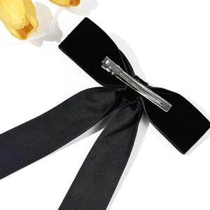 Elegant French vintage black velvet bow hair clip with long ribbons and pearl pendant