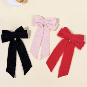 Elegant Wool Plush Bow Hair Clip With Long Ribbon Streamers Fashion Duckbill Clip For Women Autumn Winter Hair Accessories