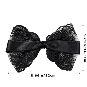 Detailed dimensions of oversized black lace bow hair clip with satin center