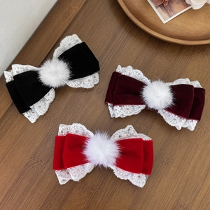 Sweet Velvet Lace Bow Hair Clip With Faux Fur Ball Vintage Lolita Princess Hair Accessory Duckbill Clip For Women Girls