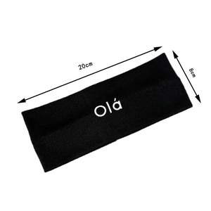 Elastic knitted sports headband in black with Olá print for yoga and fitness 20x8cm