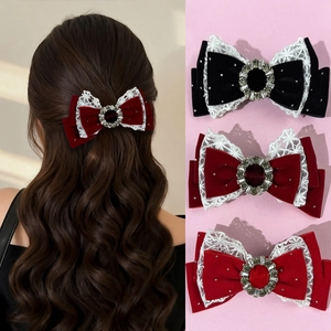 French Style Velvet Lace Bow Hair Clip With Rhinestone Elegant Retro Princess Style Top Clip For Women Hair Accessories