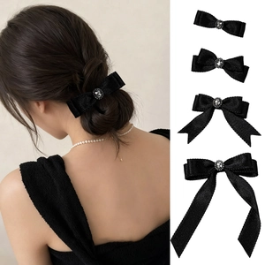 Black Satin Bowknot Hair Clips For Women Girls Elegant Rhinestone Gemstone Hairpins Sweet Cool Gothic Lolita Hair Accessories