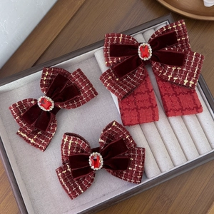 Vintage French Wine Red Tweed Velvet Bow Hair Clip Rhinestone Gemstone Alloy Hairpin For Women Party Hair Accessories