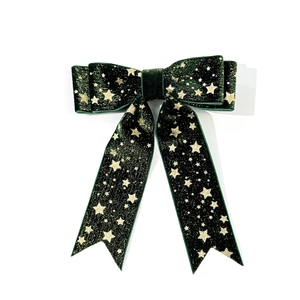 Lazo para el pelo navideño de terciopelo verde oscuro con estrellas doradas