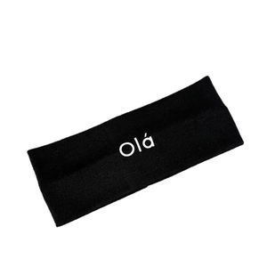 Elastic knitted sports headband in black with white Olá printed lettering for yoga