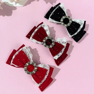 French velvet bow hair clips with lace trim and rhinestone buckles in red and black