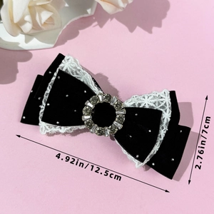 French velvet lace bow hair clip with rhinestones and white pearls in black and white
