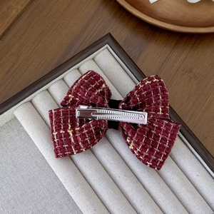 Elegant wine red tweed bow hair clip with silver metal alligator grip for women