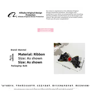 Detailed view of bohemian black ribbon bow hair clip with red gemstone and size info