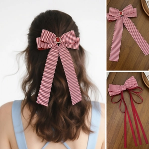 Vintage Houndstooth Bowknot Hair Clip For Women Japanese Style Red White Plaid Bow Hairpin With Streamers Gemstone Accessory