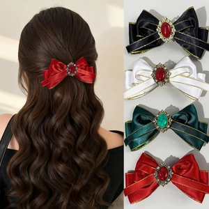 Vintage Bohemian Bow Hair Clip Retro Literary Satin Ribbon Hairpin Alloy Rhinestone Accessory For Women Wedding Party Jewelry