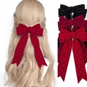 Elegant Velvet Bow Hair Clip For Women Retro Rhinestone Long Streamer French Style Alligator Clip Party Hair Accessories
