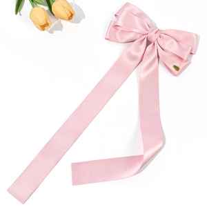 Gros plan sur le nœud papillon en satin rose avec logo en métal et tulipes jaunes