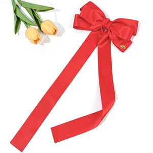 Macro d'un grand nœud en satin rouge avec rubans et logo métallique doré sur clip