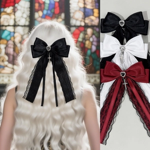 Gothic lace bow hair clip with heart rhinestone and cross pendant in multiple colors