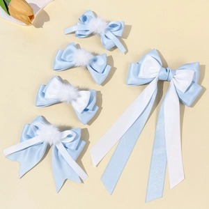Sweet Blue White Satin Bow Hair Clips With Artificial Fur Pom-poms Cute Handmade Webbing Hair Barrette Accessories For Women Girls