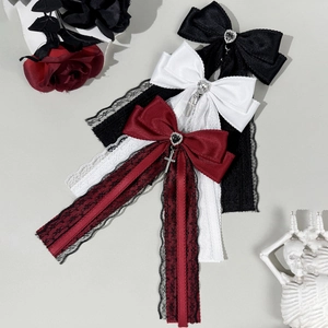 Gothic Lolita Bow Hair Clip With Lace Trim Heart Rhinestone And Cross Pendant Ribbon Streamer Hair Accessories For Women