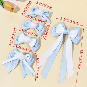 Blue and white bow hair clips with pom-poms for girls, set of five sizes and styles