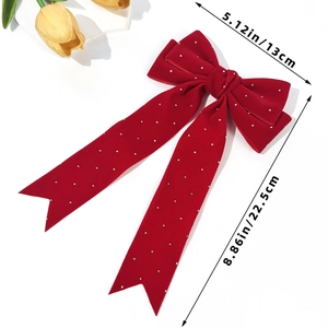Detailed view of red velvet bow hair clip with rhinestones showing dimensions of 13x22.5 cm