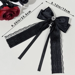 Gothic black lace bow hair clip with heart rhinestone, cross pendant and size dimensions